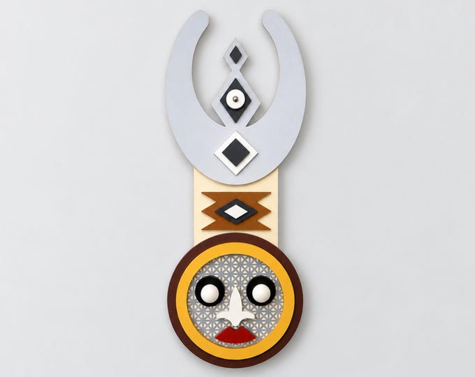 African Mask Wall Art: Mixed Media Wood & Aluminum Sculpture, Contemporary Tribal Decor