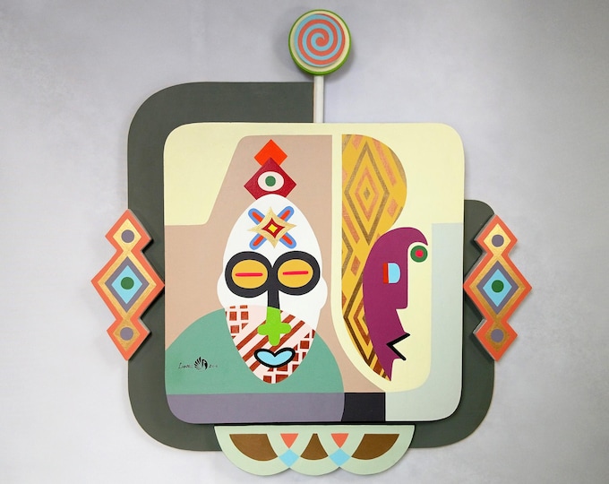 African Mask Acrylic Painting on Wood: Cubist Pop Art, Tribal Symbolism