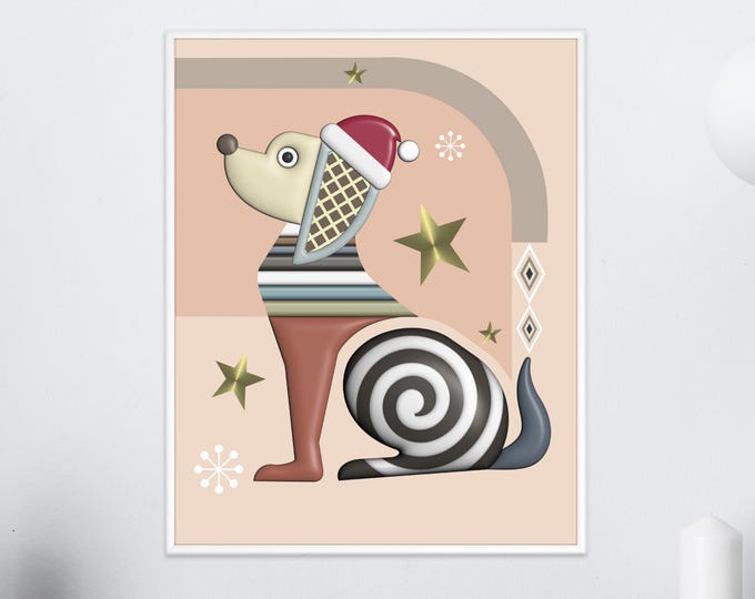 Pop Art Dog in Santa Hat Funny Christmas Wall Art Print or Canvas Holiday Pet Lovers Gift