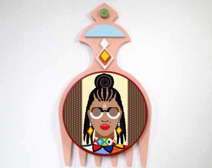 Black Woman Decor: Afro Pick Duafe Adinkra Afrocentric Home Accent Wooden Sculpture