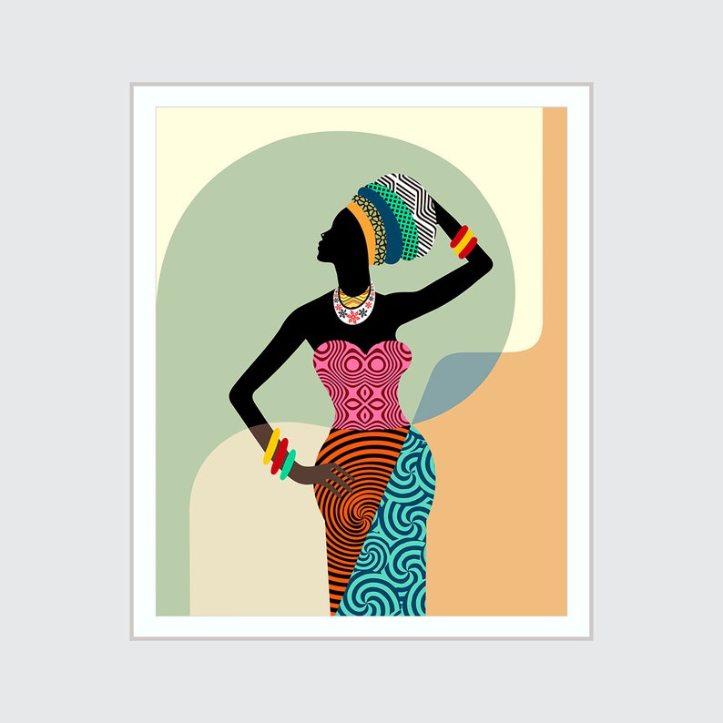 African Woman Wall Art, Black Girl Home Décor Afrocentric Girl Ethnic Painting Geometric Design image 1