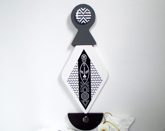 Afro-Futurism Geometric Wooden Mask Black & White Modern Wall Art Cubist Pop Art Sculpture Contemporary African Decor