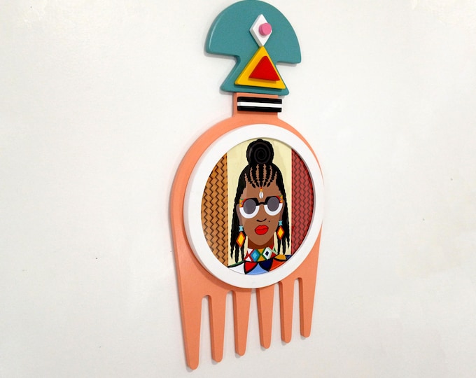 Black Woman Decor: Afro Pick Duafe Adinkra Afrocentric Home Accent Wooden Sculpture