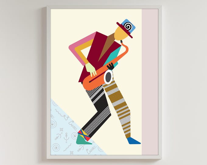 Minimalist Cubist Saxophone Wall Art | Modern Jazz Print | Contemporary Music Canvas Geometric Decor