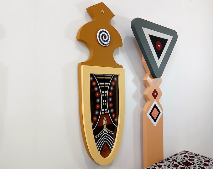 Afrocentric Wooden Wall Art: Warm Earth Tones Geometric Tribal Modern Décor