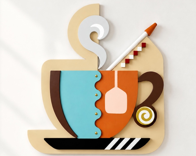 Abstract Wooden Wall Sculpture: Cubist Tea Cup Art Modern Geometric Wall Decor