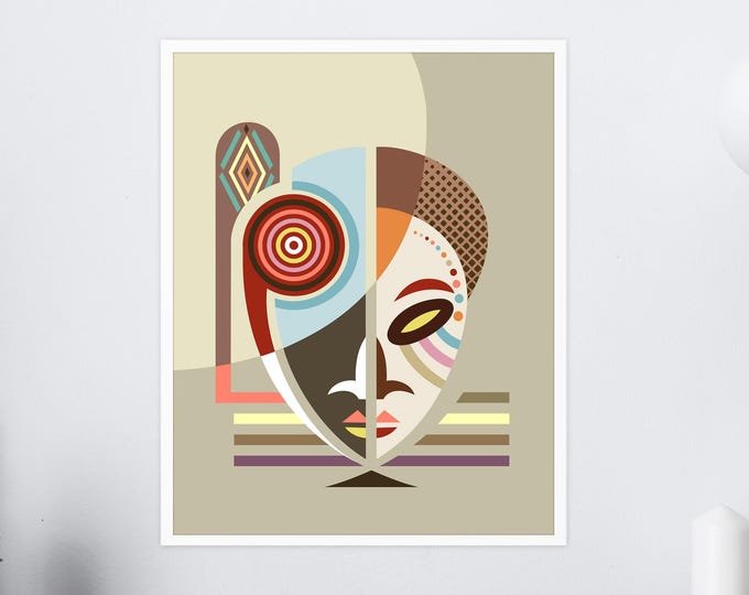African Mask Print, Tribal Art Black American Afrocentric Decor