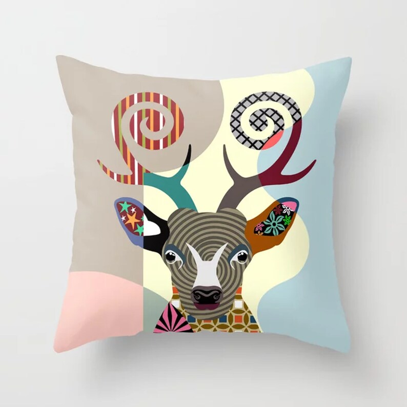 Deer Throw Pillow Reindeer Cushion Farmhouse Decor image 1