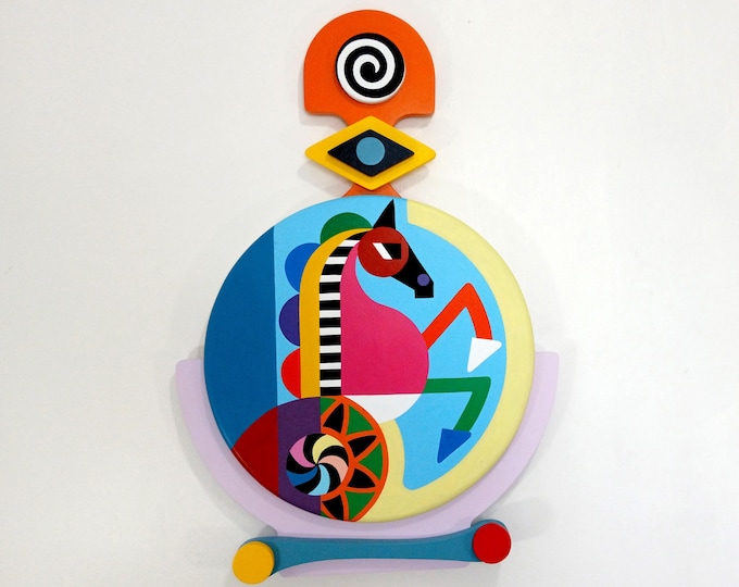 Horse Wall Art Sculpture: Abstract Cubist Animal Painting Modern 3D Colorful Stallion Artwork Wooden