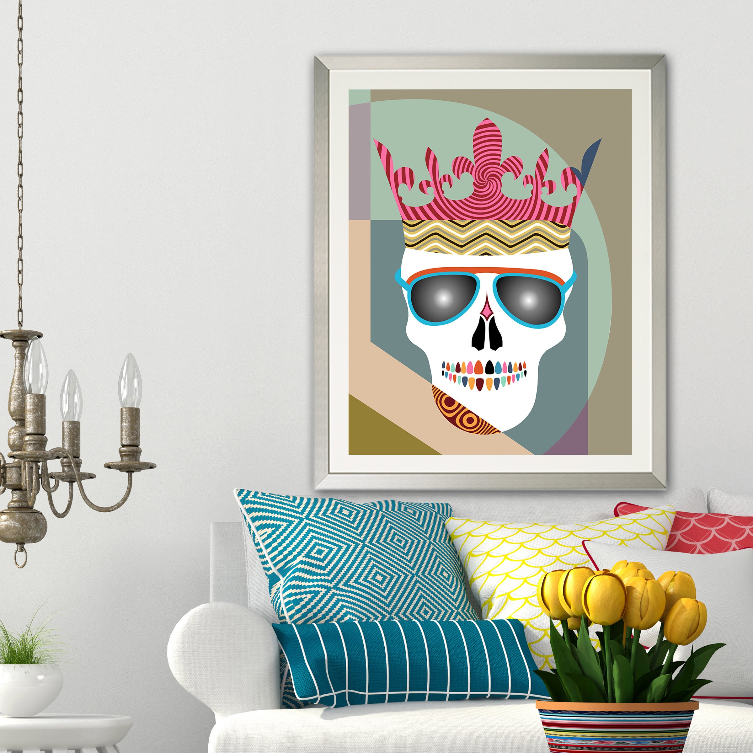 Skull Throw Pillow, Skeleton Cushion Halloween
