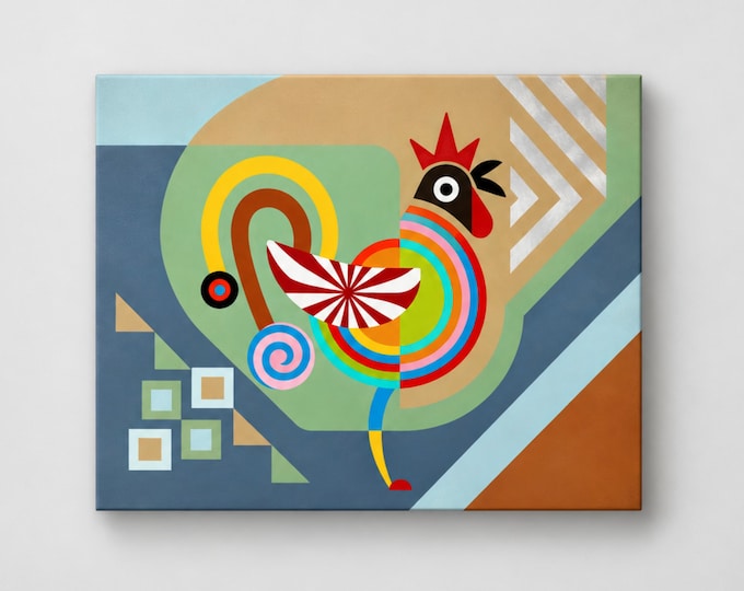 Original Abstract Rooster Painting: Cubist Acrylic Art on Canvas Modern Minimalist Wall Art