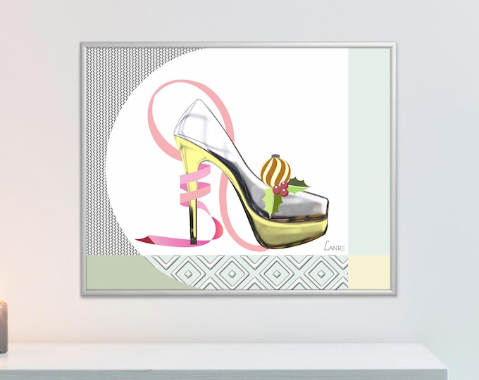 Christmas Stiletto Wall Art Print or Canvas: Gold & Silver Holiday Shoe Decor Glam Christmas Gift for Her