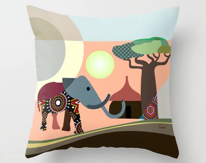 African Safari Pillow, Elephant  Art  Pillow, Afrocentric Decorative Throw Pillow, African Home Decor, Elephant Pillow case