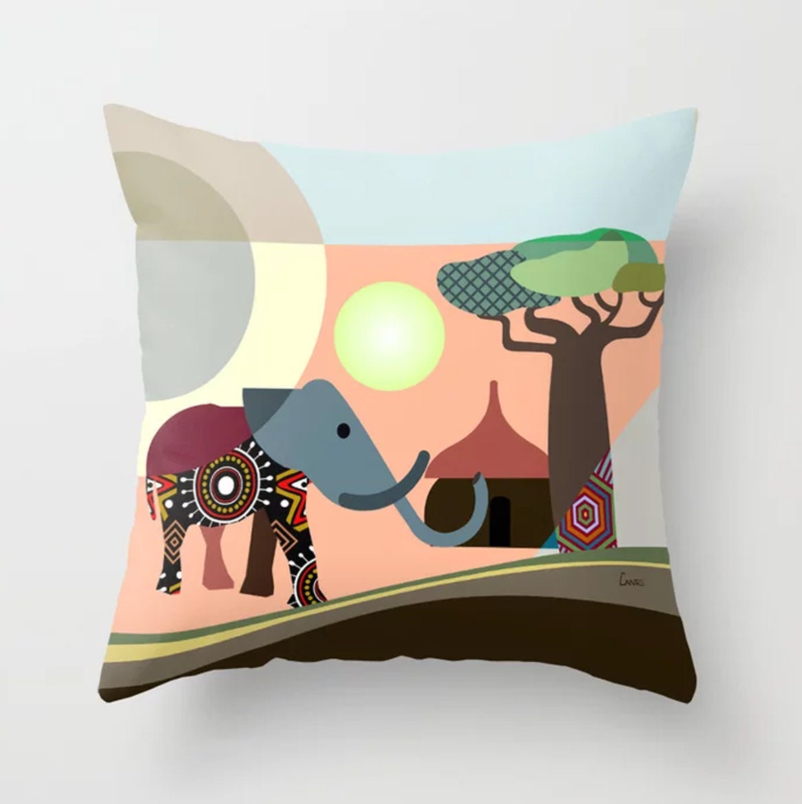 African Safari Pillow Elephant Art Pillow Afrocentric Decorative