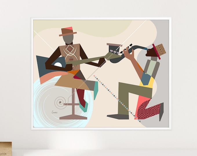 Jazz Painting Music Wall Art Guitar Decor Saxophone Music Lover Gift Abstract Cubist Geometric Wall Hanging