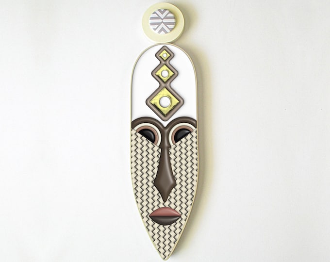 Modern Boho African Mask Wall Art Long Wooden Abstract Cubist Sculpture Tribal Spirit Decor Cultural Statement Piece