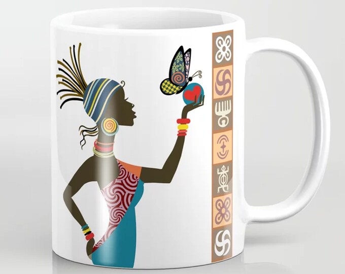 African Woman Coffee Mug, Black Girl Cups Adinkra Symbols