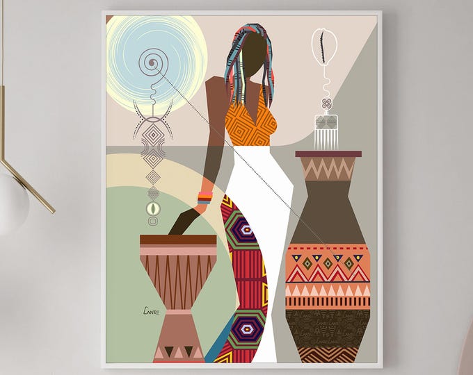 Black Woman Wall Art Canvas Print African Girl Wall Décor Afrocentric Lady Traditional Ethnic Modern  Design Black Girl Gift