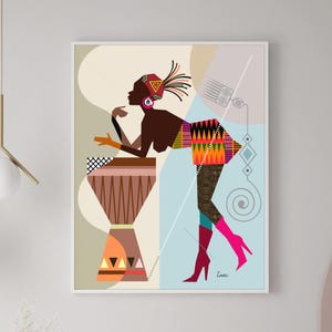 Black Woman Art Print: Afrocentric Chic, Djembé Drum, Tribal Decor