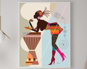 Black Woman Art Print: Afrocentric Chic, Djembé Drum, Tribal Decor