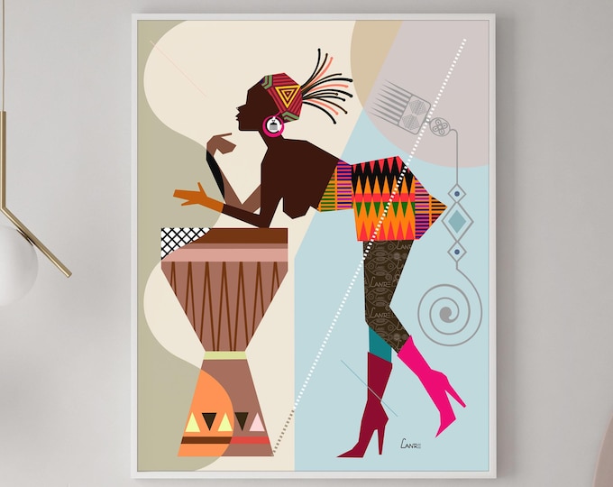 Abstract Black Woman Wall Art Beautiful Black Girl African American Afrocentric Décor Tribal Ethnic Cultural Djembé Drum Painting