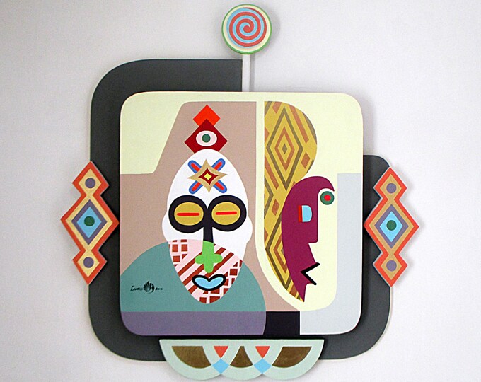 Original African Mask Acrylic Painting on Wood Abstract Cubist Pop Art Geometric Afrocentric Wall Art Tribal Identity Symbolism