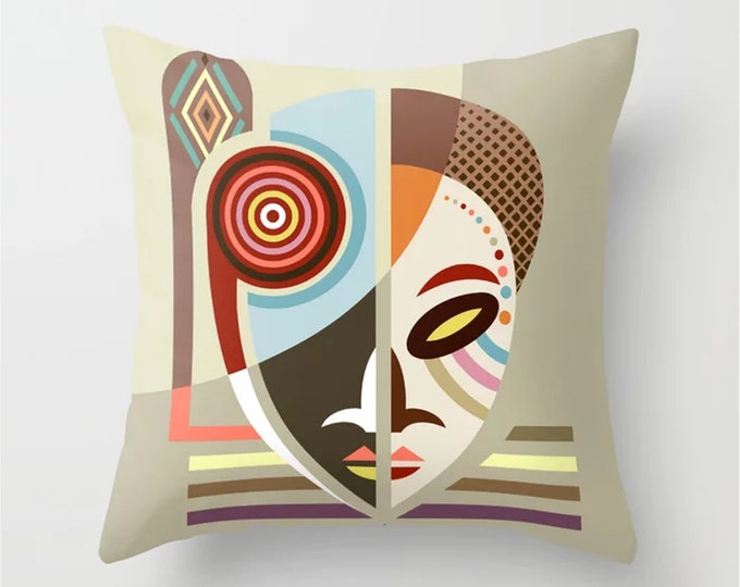 African Mask Throw Pillow, Afrocentric Decor