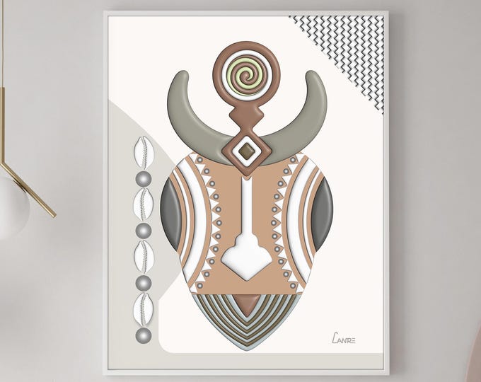 African Abstract Cubism Mask Art Print Modern Boho Geometric Tribal Wall Decor Afrofuturism Artwork