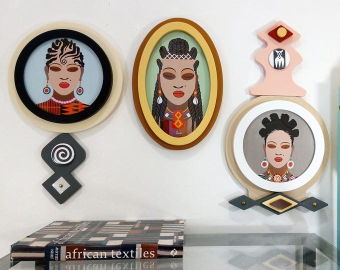 African Woman Portrait: Black Hair Art Modern Afrocentric Decor Tribal Wall Hanging Cultural Painting