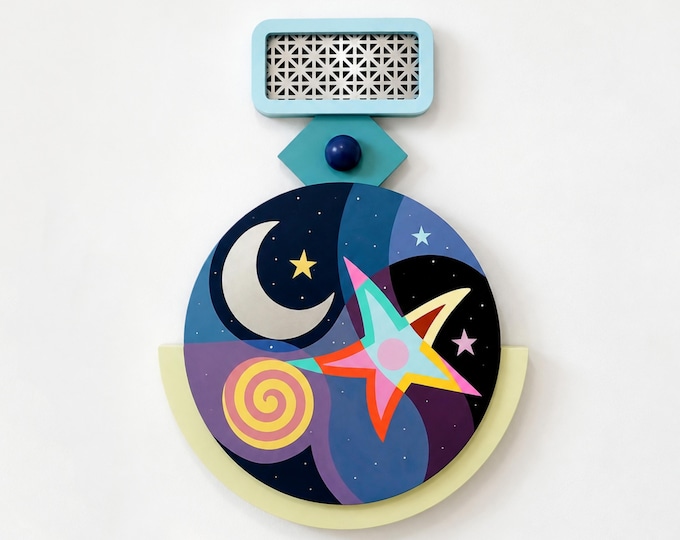 Original Abstract Cubist Wall Sculpture: Geometric Moon & Stars Art Inspirational Modern Home Decor