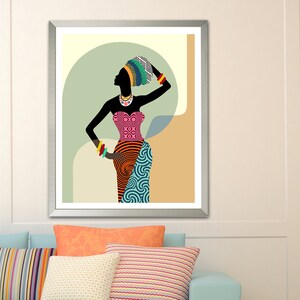 African Woman Wall Art, Black Girl Home Décor Afrocentric Girl Ethnic Painting Geometric Design image 10