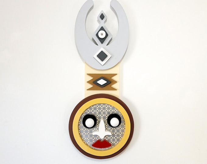 African Mask Wall Art: Mixed Media Wood & Aluminum Sculpture, Contemporary Tribal Decor