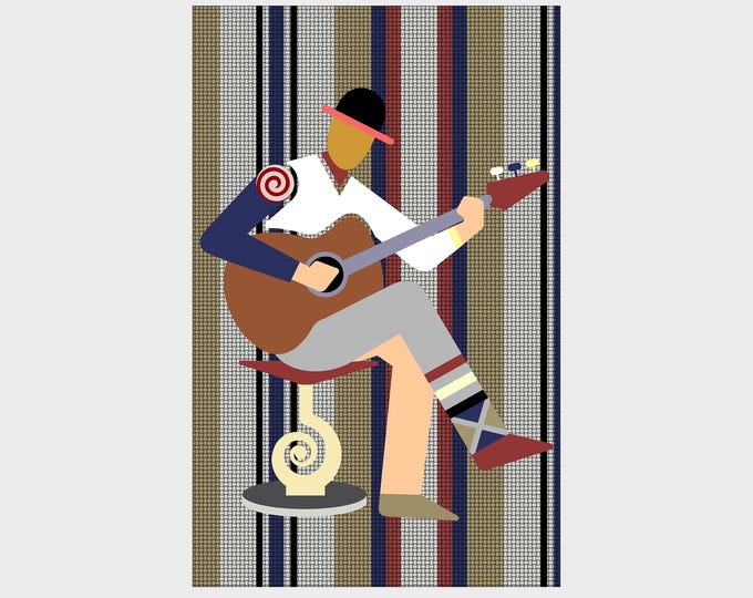 Afro Pop Cubist Guitarist Wall Art: Limited Edition Aso Oke Canvas Print