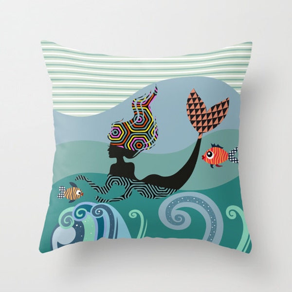 Mermaid Throw Pillow, Water Nymph Girly Décor Cushion Printed