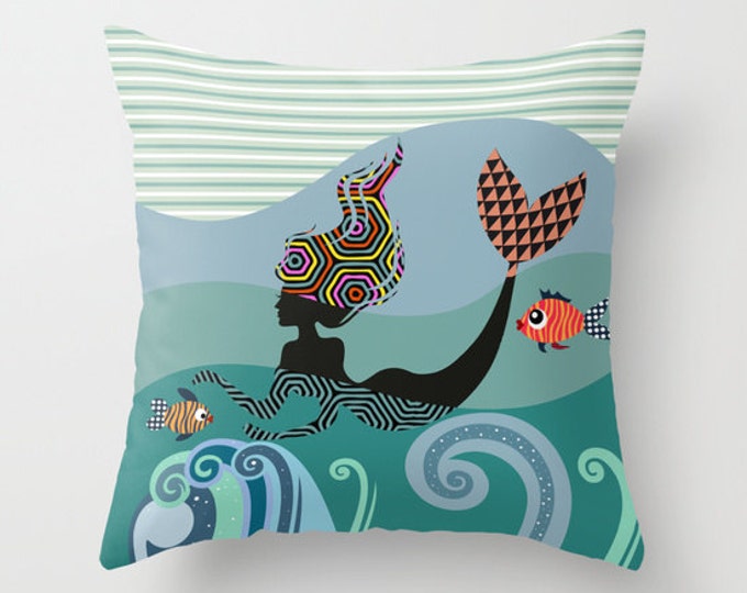 Mermaid Throw Pillow, Water Nymph Girly Décor Cushion Printed