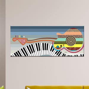 以下が含まれることがあります： カラフルなギターとピアノの鍵盤を前景に描いた抽象的なアートプリント。ギターは赤、オレンジ、黄色、緑、青、黒の色の幾何学的な形とパターンで構成されています。ピアノの鍵盤は白黒で、半円形に配置されています。背景は青と灰色のグラデーションです。