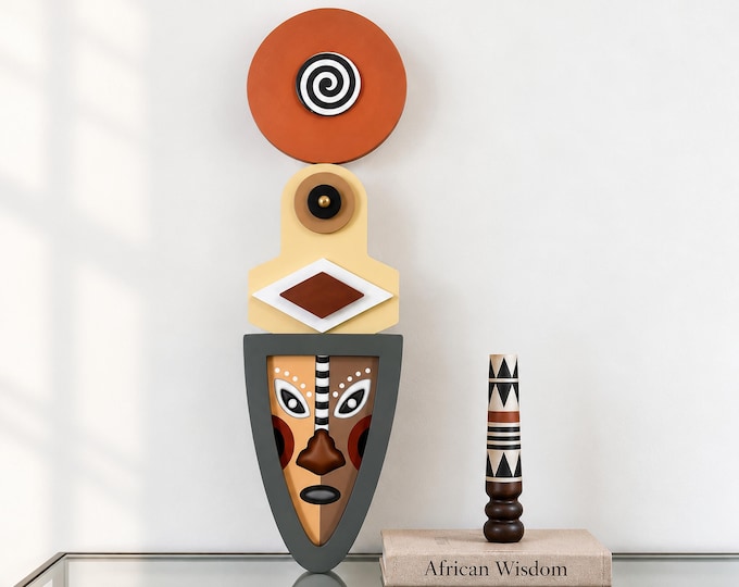 Modern African Mask Sculpture: Abstract Tribal Wall Decor Contemporary Statement Wall Hanging