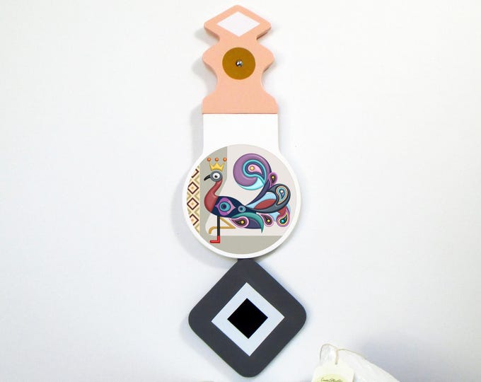 Peacock Sculpture Bird Pop Art Abstract Decor, Unique Colourful Bird Contemporary Decorative Art Wooden Modern Geometric Animal Wall Hanging