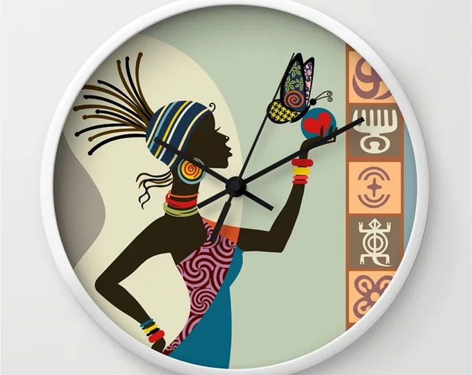 African Woman Clock, Adinkra Symbol Decor Black Girl Art