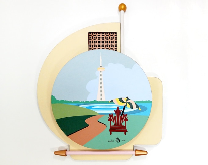 Abstract Seascape Original Acrylic Painting  CN Tower Toronto Pop Art Wooden Sculpture