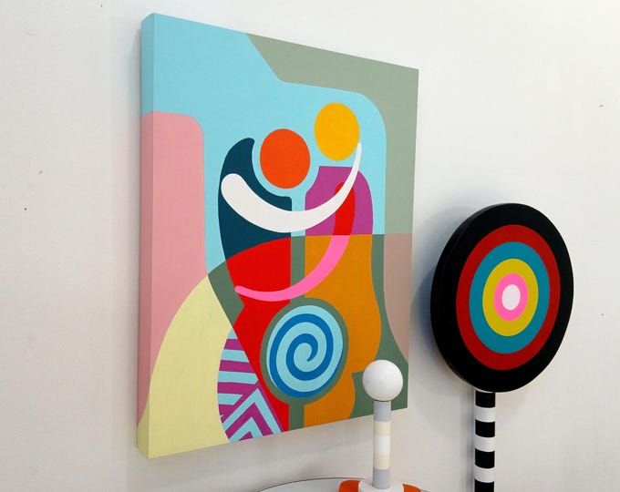Cubist Couple Acrylic Painting: Abstract Pop Art, Geometric Wall Art (16x20)