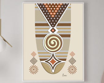 May include: Abstract art print in a white frame. The artwork features a symmetrical design with a beige background and a central shape with brown, tan, and orange geometric patterns. The design includes a spiral, diamonds, and dots.
