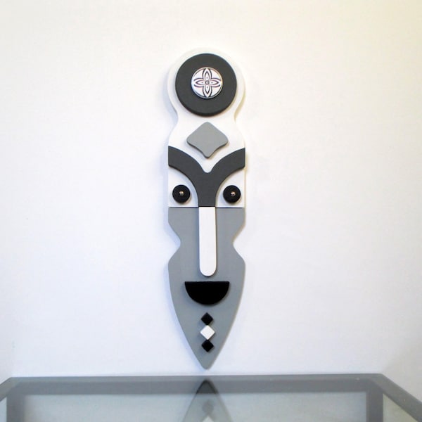 African Mask Wooden,  Black and White African Mask Afrocentric Home Decor - 5.5x23"