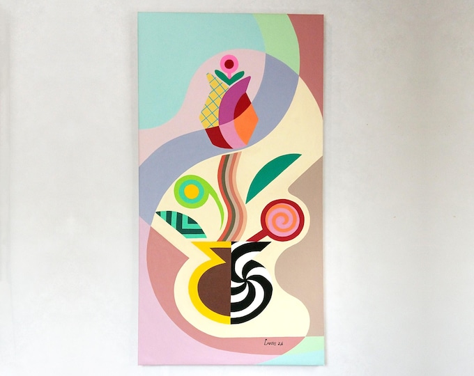 Abstract Pop Art Flower Painting: Cubist Floral Art Original Acrylic on Canvas Colorful Statement Artwork