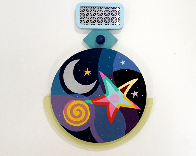 Original Abstract Cubist Wall Sculpture: Geometric Moon & Stars Art Inspirational Modern Home Decor