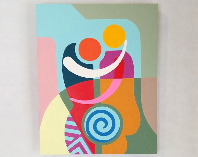 Abstract Cubist Love Pop Art Painting: Modern Geometric Couple Art Original Acrylic Wall Art 16x20