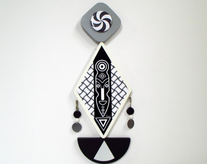 Afro-Futuristic Wooden Mask Abstract Geometric Wall Sculpture in Black & White  Modern Tribal Home Decor Cubist Face Art