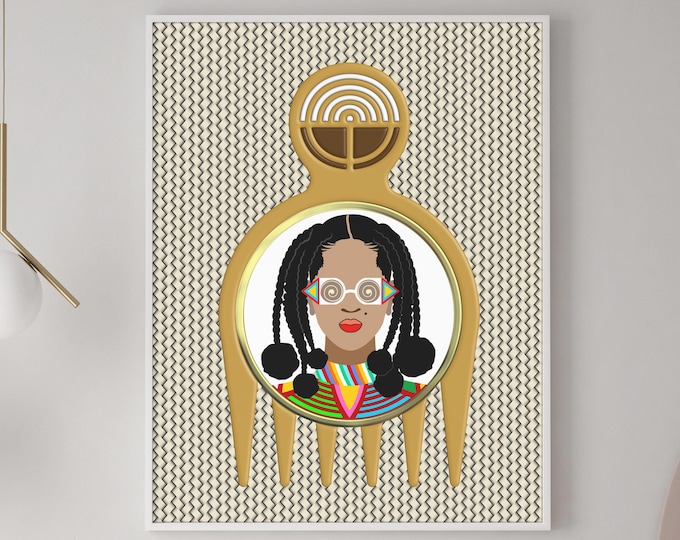 Black Woman Decor: Limited Edition Afrocentric Afro Pick Duafe Adinkra Art