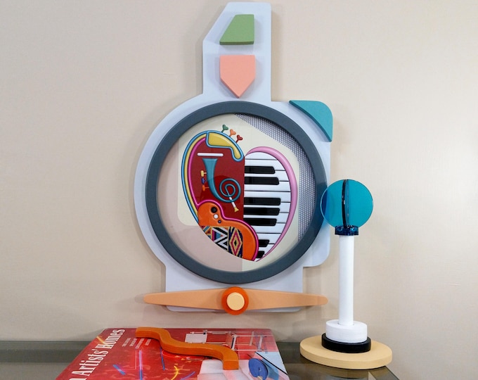 Cubist Musical Instrument Heart Sculpture: Pop Art Wood Wall Decor