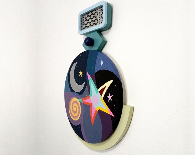 Original Abstract Cubist Wall Sculpture: Geometric Moon & Stars Art Inspirational Modern Home Decor